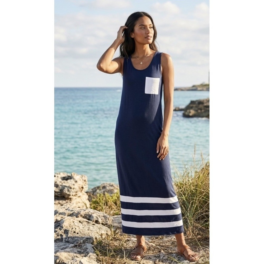 Lisa Todd The Mesher Maxi Dress Navy Blue White Mesh Pima Cotton S Small NWOT